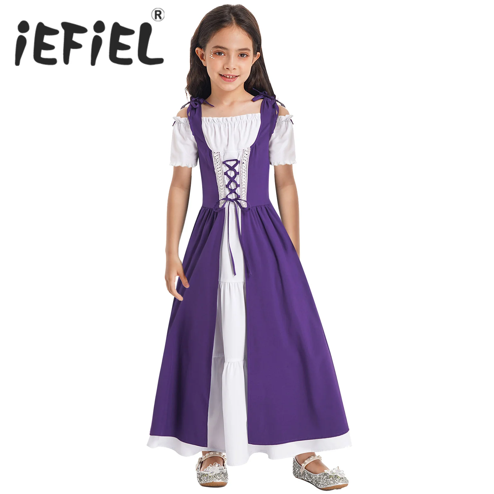 

Kids Girls Medieval Renaissance Costume Halloween Cosplay Party Dress Lace-up High Waist Ruffle Dress for Carnival Prom Dress Up