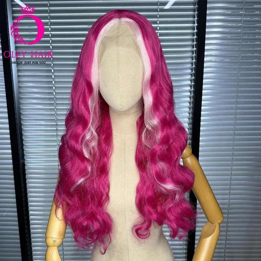 

OLEY Highlight Pink 13x4 Synthetic Lace Front Glueless Body Wave Wig Heat Resistant Pre Plucked Cosplay Drag Queen Women's Wigs