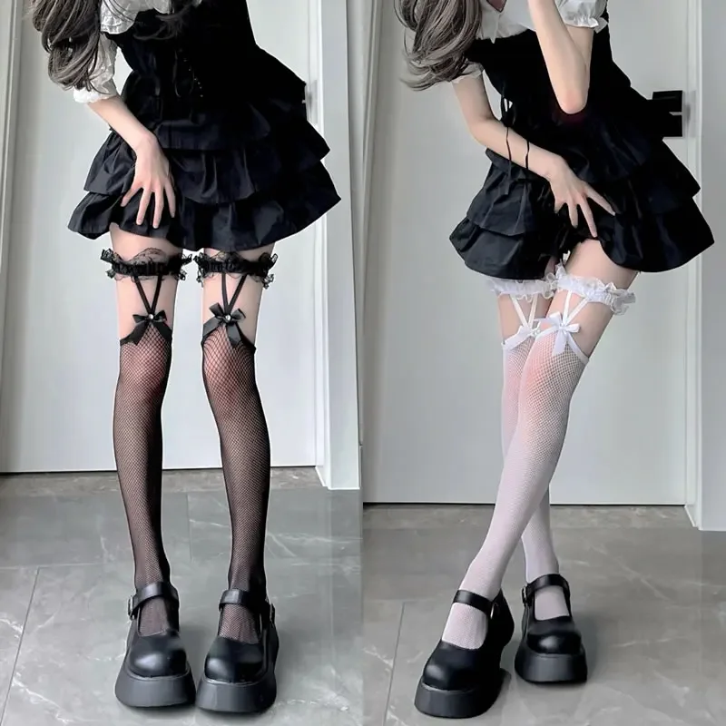 

Sexy Mesh Fishnet Thigh High Stockings JK Lolita Girl Long Socks Stockings Japanese Style Lace Bowknot Suspender Knee High Socks