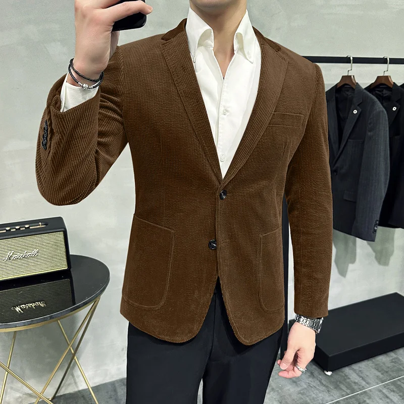 

High Quality Fashion Handsome 2024 New Men's Corduroy Suit Autumn and Winter Cotton Thick Coarse Striped Suit Men M-4XL