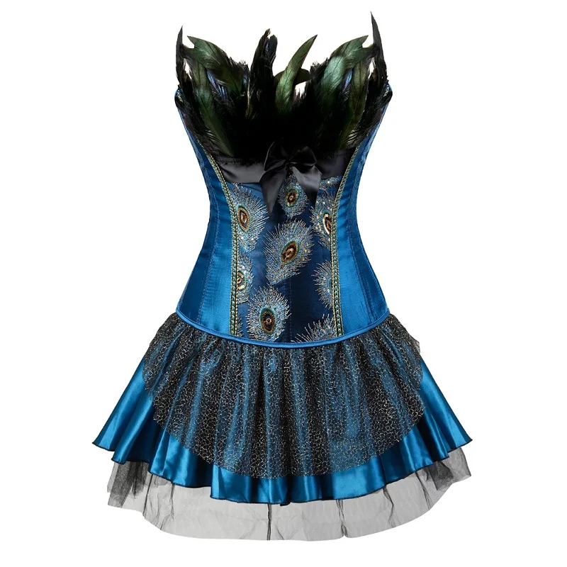 

Sexy Corset Dress Peacock Blue Feather Corset Top with Tutu Skirt Satin Corsets Lingerie Top for Women Costume Plus Size S-6XL