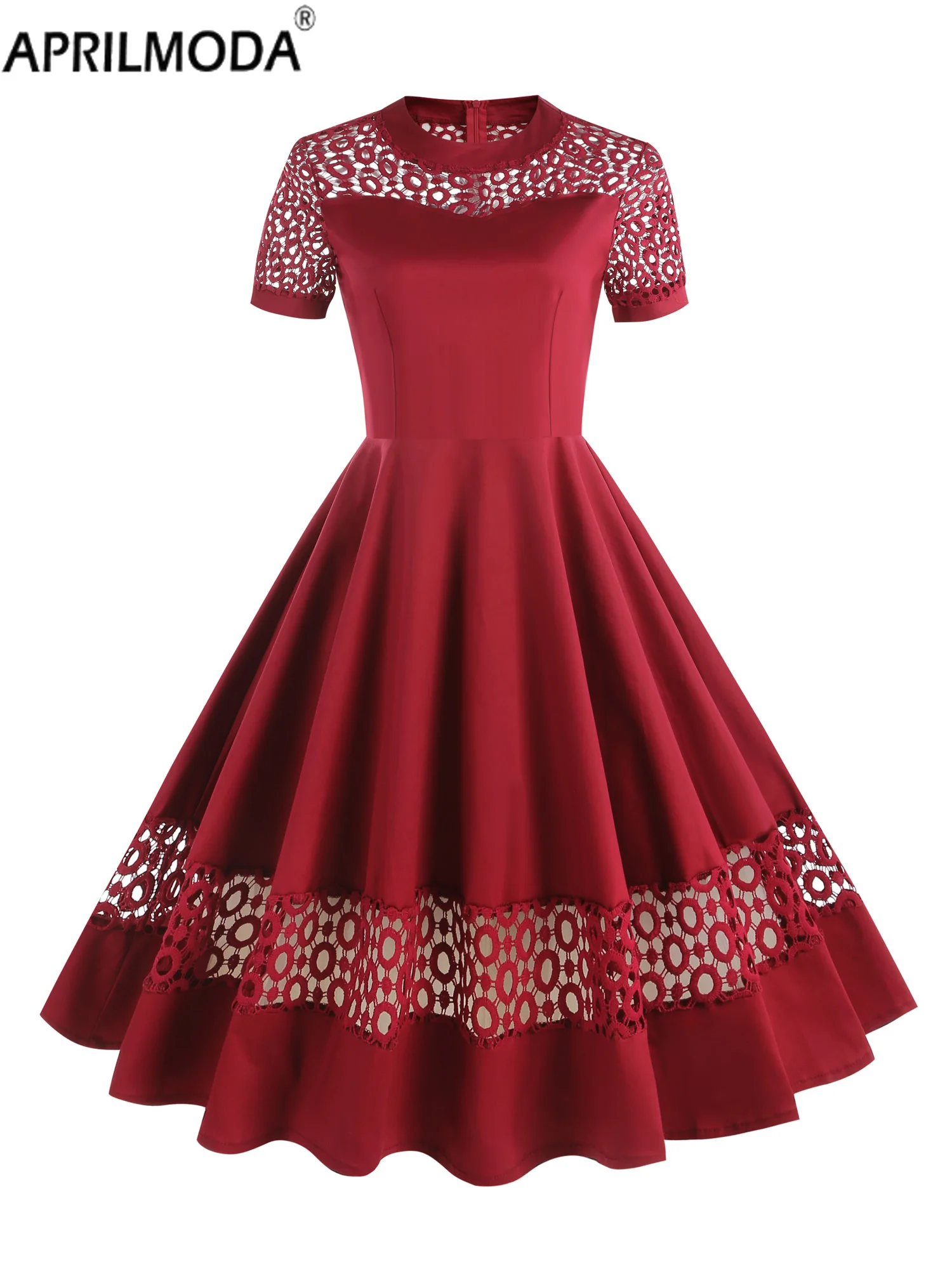 

2024 See Through Lace Patchwork Vintage Women Cotton Dresses O-Neck Short Sleeve Burgundy Red Evening Prom Elegant Party Dress