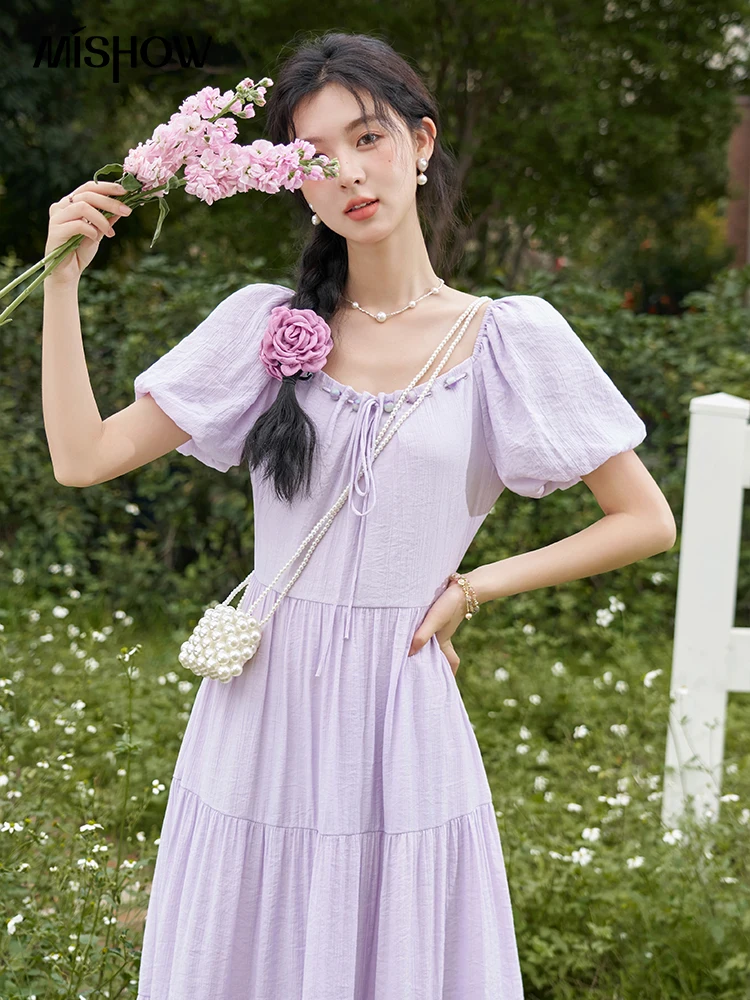 

MISHOW Vacation Square Neck Chiffon Dress for Women 2024 Summer Flower Bud Sleeve Sweet Solid Tied Fluffy Dresses MXD15L1780