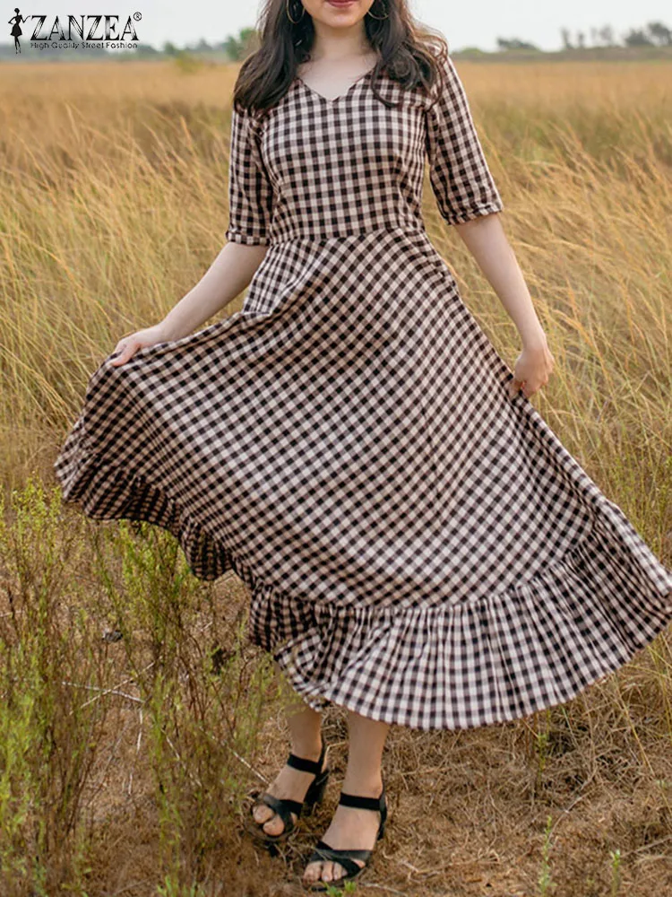 Women Plaid Midi Dress ZANZEA Autumn Casual Holiday Half Sleeve Ruffle Hem A-line Vestidos Elegant V Neck Checked Party Dresses
Women Plaid Midi Dress ZANZEA Autumn Casual Holiday Half Sleeve Ruffle Hem A-line Vestidos Elegant V Neck Checked Party Dresses