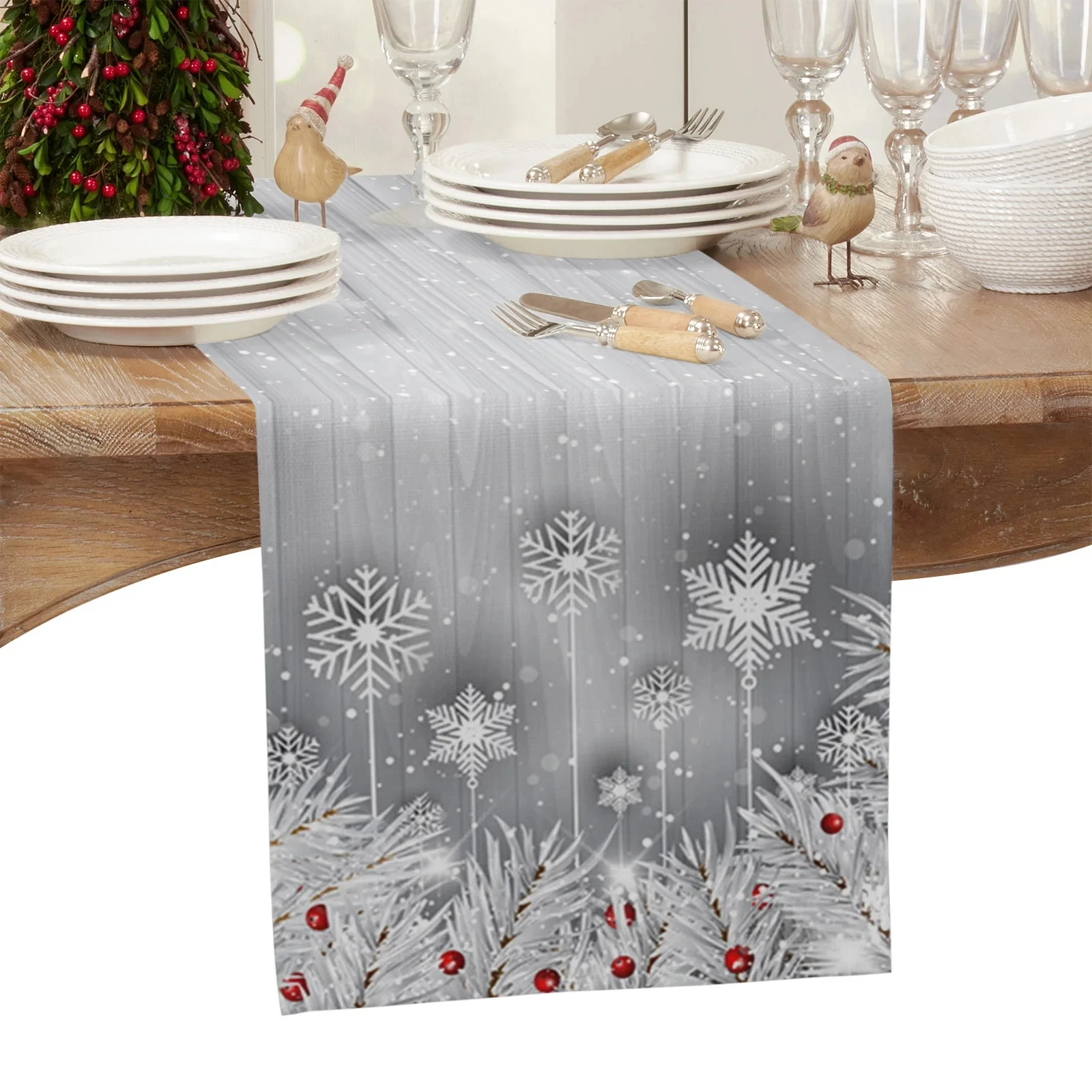 

Christmas Pine Needle Snowflake Wood Grain Linen Table Runners Table Decor Winter Xmas Dining Table Runner Christmas Decorations