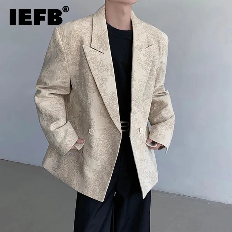 

IEFB 2024 Spring Jacquard Suit Men's Coat Loose Trendy Silhouette Long Sleeve Casual Luxury Korean Fashion Apricot Blazer X8231
