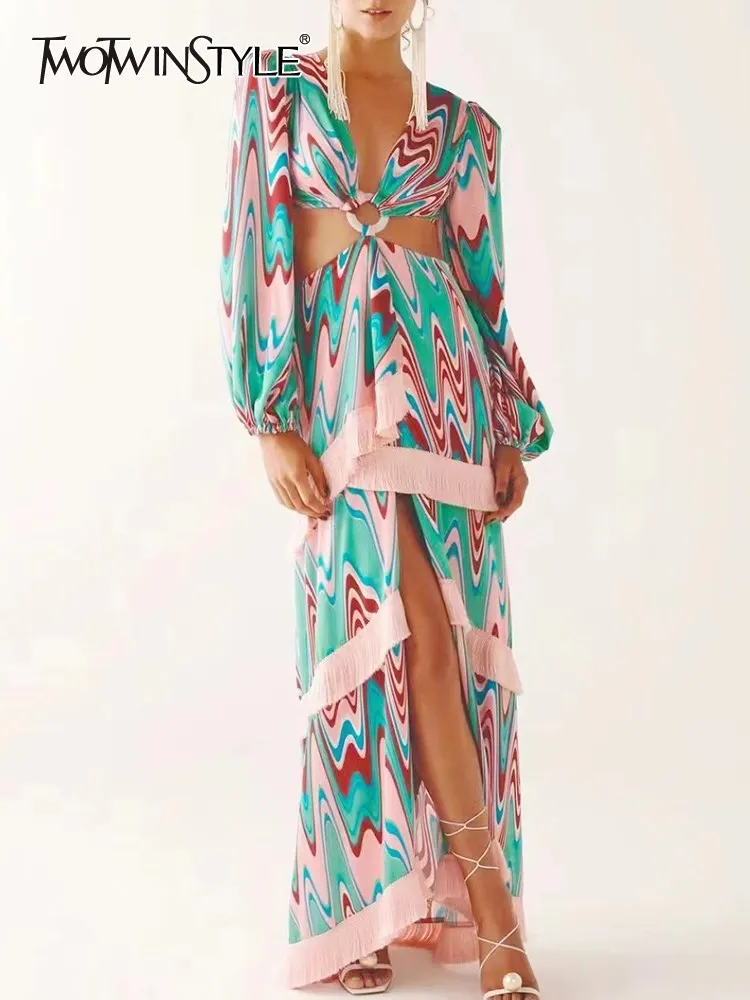 TWOTWINSTYLE Printing Spliced Tassel Hollow Out Dress For Women Deep V Neck Puff Sleeve High Waist Splite Dresses Female Clothes
TWOTWINSTYLE Printing Spliced Tassel Hollow Out Dress For Women Deep V Neck Puff Sleeve High Waist Splite Dresses Female Clothes