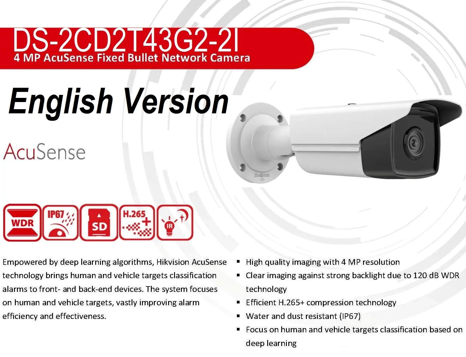 

DS-2CD2T43G2-2I Overseas English Version 4 MP AcuSense Fixed Bullet Network Camera IR 60m Indoor Outdoor Camera ONVIF Upgradeabl