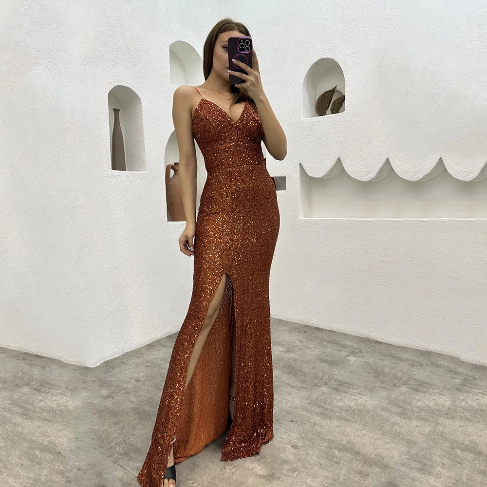 

Modern Evening Dress V-Neck Spaghetti Straps Sleeveless Prom Dress Sequined Side Split Floor Length Vestidos De Ocasión Formales