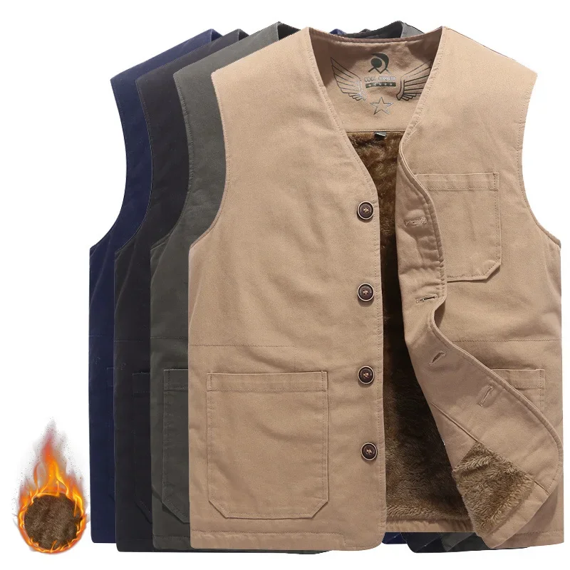 

Spring Autumn Thicken Fleece Windbreaker Winter Vest Mens Multi Pockets Waistcoat V-neck Collar Khaki Sleeveless Jacket 8XL