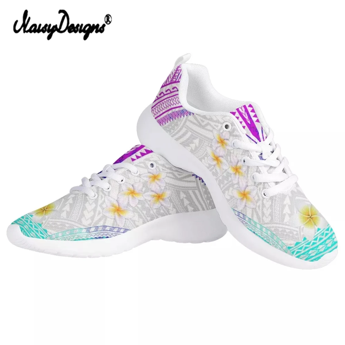 

Noisydesigns Hawaiian Tropical Plumeria Tribe Print Women Shoes Polynesia Style Breathable Flats for Female Mesh Lace-Up Sneaker