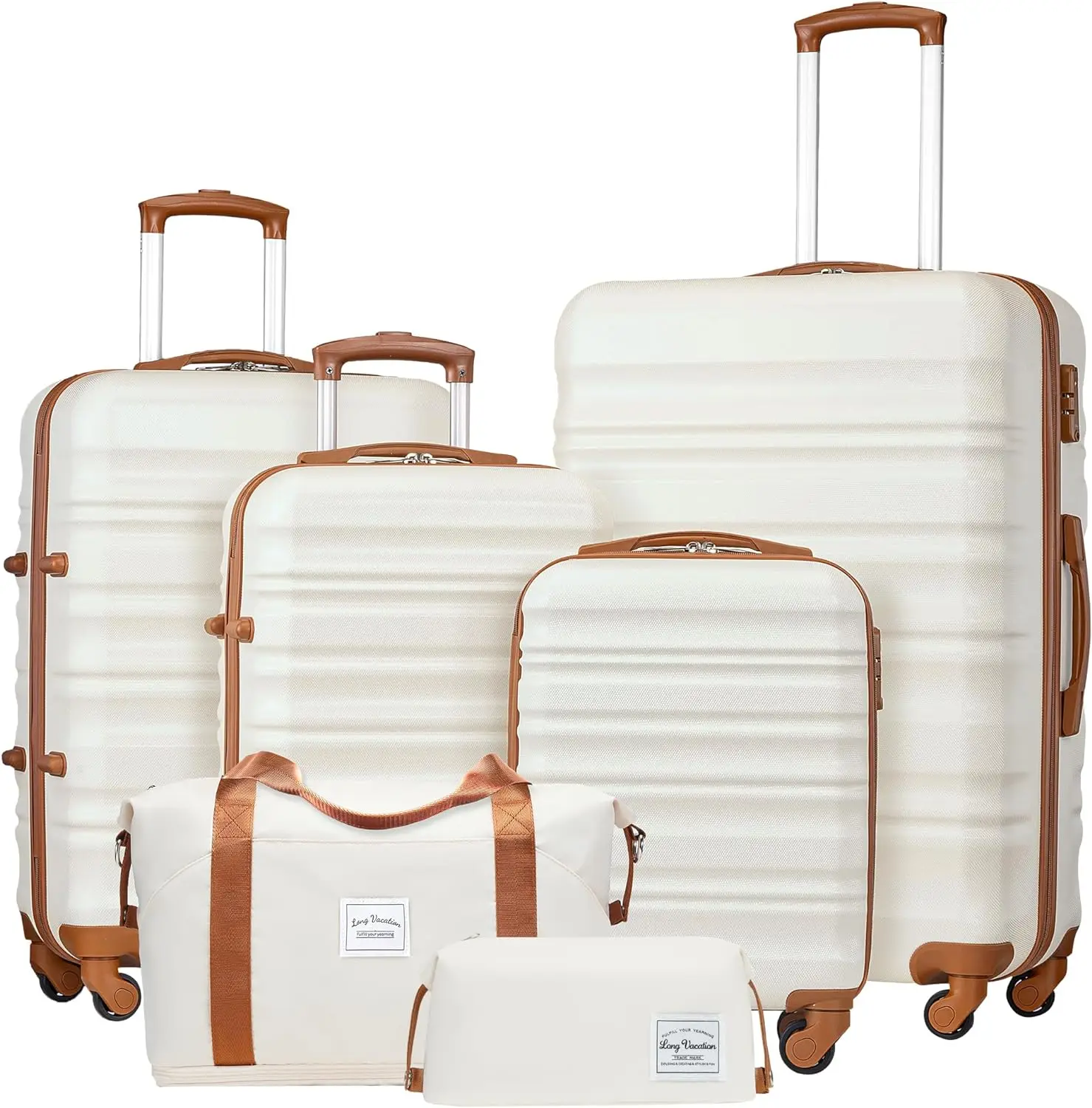 

Длинный комплект багажа для отпуска, 4 предмета, набор чемоданов из АБС-пластика, жесткий корпус, TSA замок, Спиннер, колеса, чемодан для ручной клади (бело-коричневый, 6 pi
