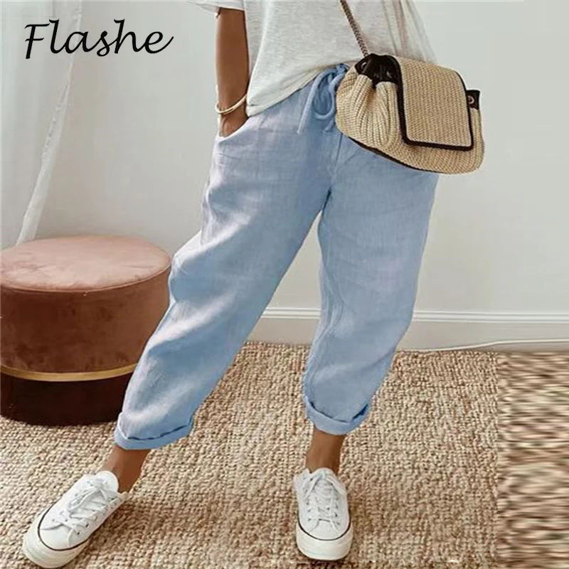 Брюки женские повседневные с завышенной талией, однотонные Длинные Модные свободные штаны с карманами, на шнуровке, на лето 
Брюки женские повседневные с завышенной талией, однотонные Длинные Модные свободные штаны с карманами, на шнуровке, на лето