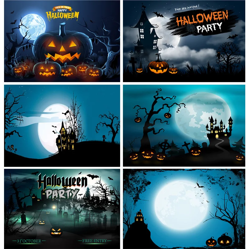 

Halloween Backdrop Pumpkin Lantern Castle Forest Moon Tombstone Baby Photography Background For Photo Studio Props 21802 WS-08