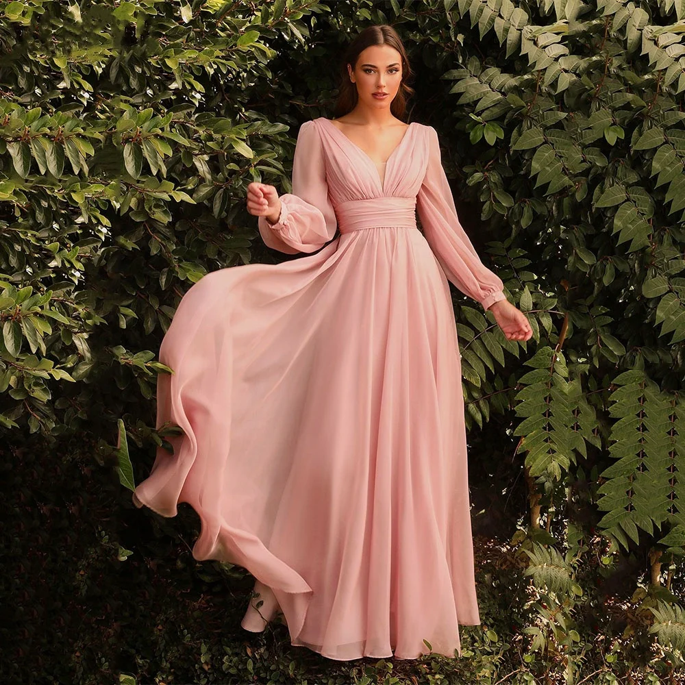 

Chiffon Long Sleeve A-line Evening Dresses Double V-neck Pleats Ruffles Party Dress Elegant Ruched Floor-Length Prom Gowns 2024