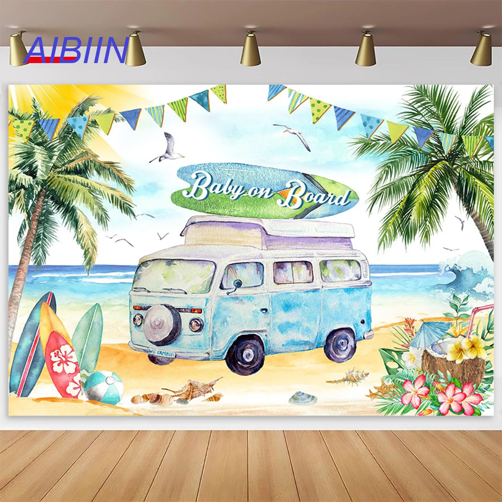 

AIBIIN Baby on Board Baby Shower Backdrop Tropical Summer Sea Beach Photography Background Surfboard Palm Tree Boy Party Decor