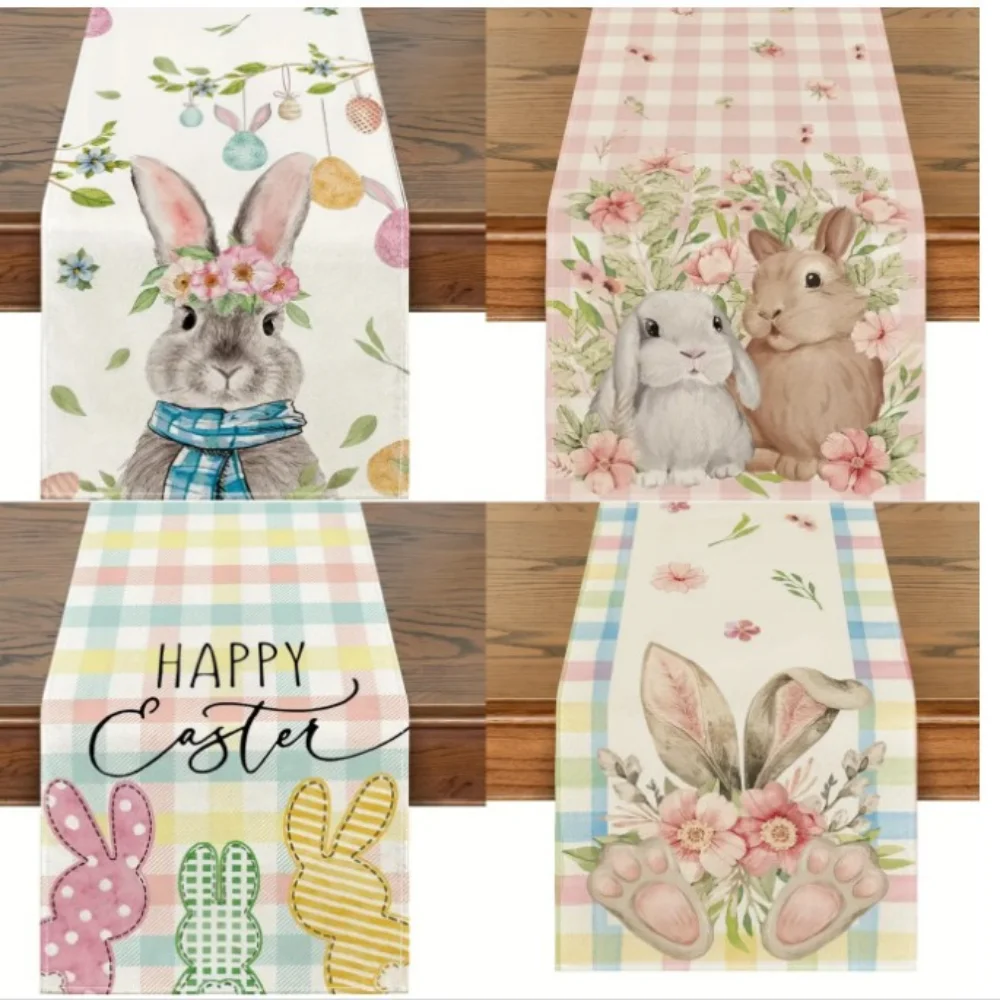 

Easter Bunny Flower Printed Linen Easter Table Runner Eggs Tulip Table Flag Cloth Cover Coffee Tablecloth Picnic Party Home Deco