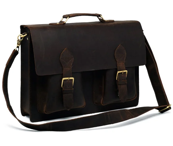 

Crazy Horse Vintage Genuine Leather Briefcase Men 14"Laptop Business Bag Messenger Crossbody brown