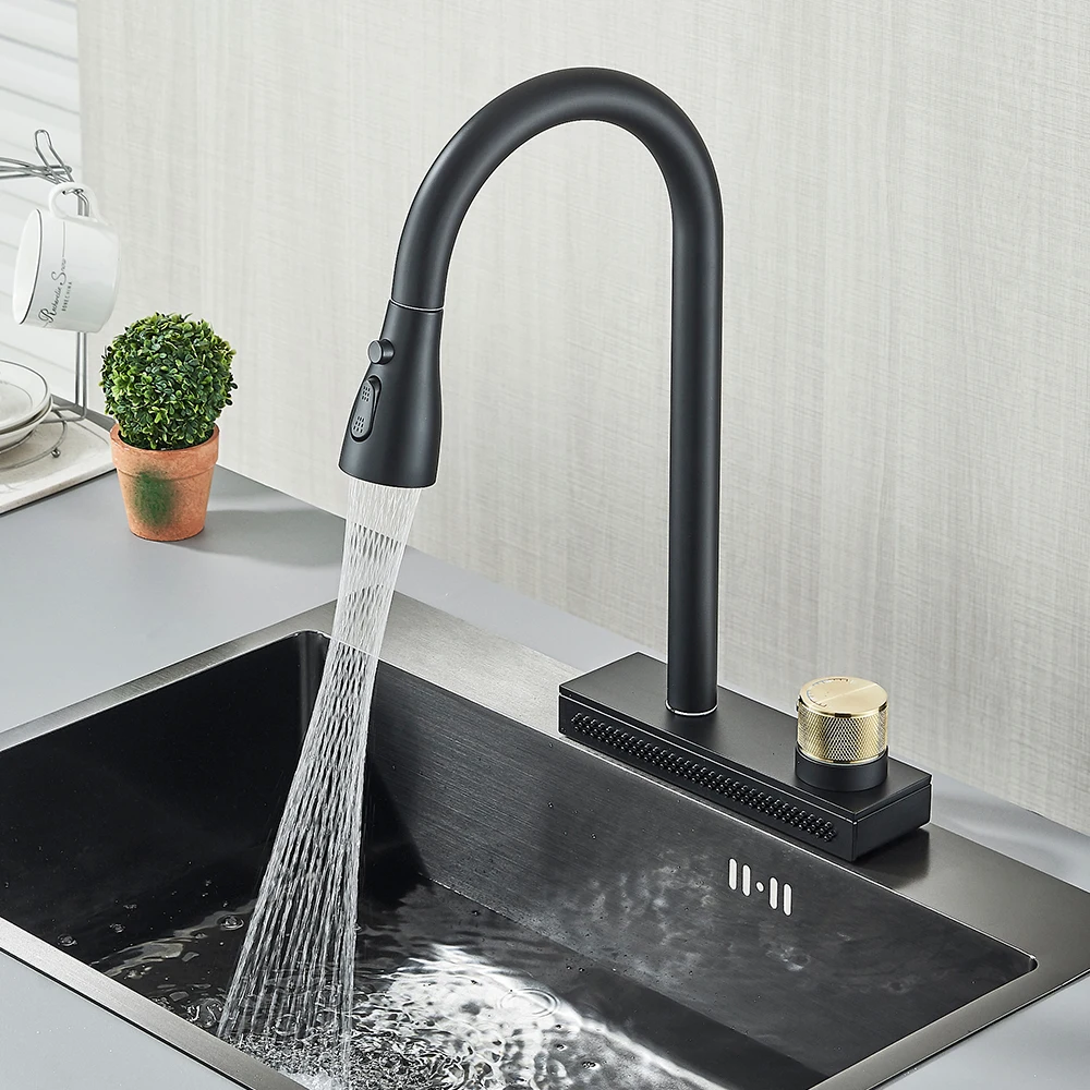 

Vidric Black Kitchen Faucet With Rainfall Waterfall Wash 4 Function Brass Single Hole Pull Out Mixer Hot Cold Water Taps Deck Mo