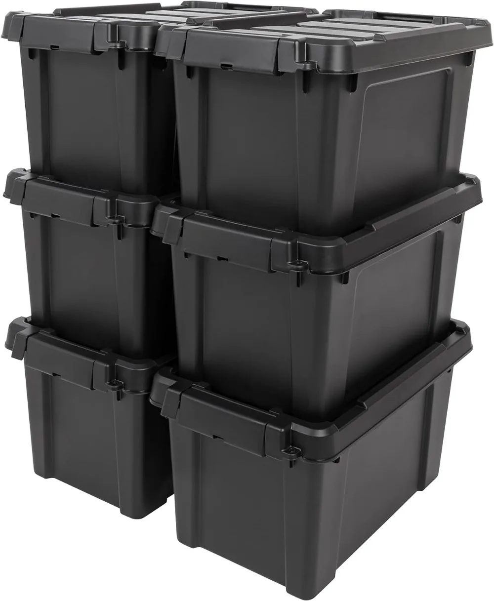

IRIS USA 5 Gallon Lockable Storage Totes with Lids, 6 Pack - Black, Heavy-Duty Durable Stackable Containers, Large Garage