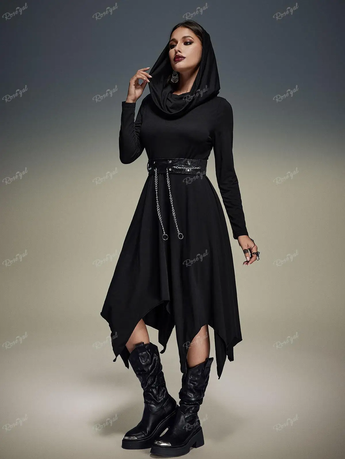 

ROSEGAL Plus Size Gothic Asymmetric Hooded Dresses With Floral Lace Chain Belt Women Black Handkerchief Ruched Dress Vestidos