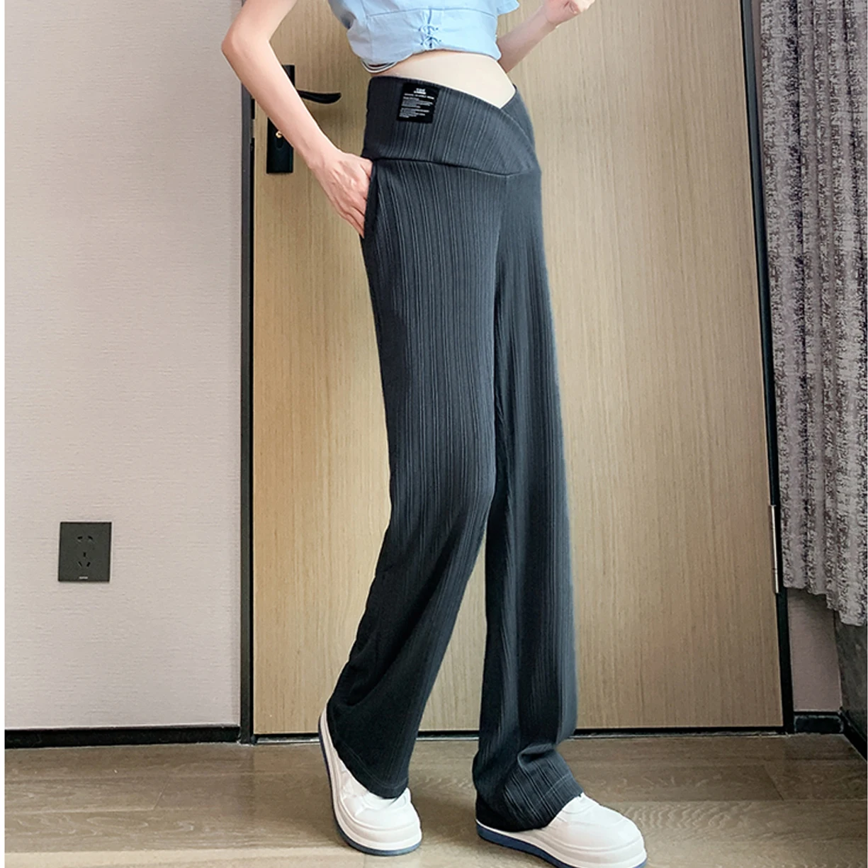 

Maternity Straight Pants Wide Leg Loose Pregnancy Trousers Summer Thin Cool Cotton Low Waist U Belly Clothes For Pregnant Women
