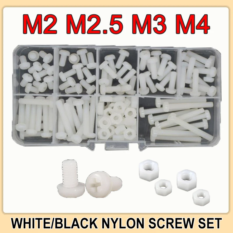 

White Black Nylon Pan Round Head Phillips Machine Screw M2 M2.5 M3 M4 Metric Thread Cross Plastic Bolt Nut Set Assortment Kit