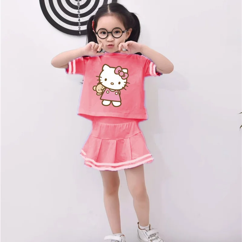 

Sanrio Hello Kitty Children T-Shirt Skirt Set Summer New Cartoon Printing Girl Cotton Short-Sleeved A-Line Skirt Two-Piece Gift