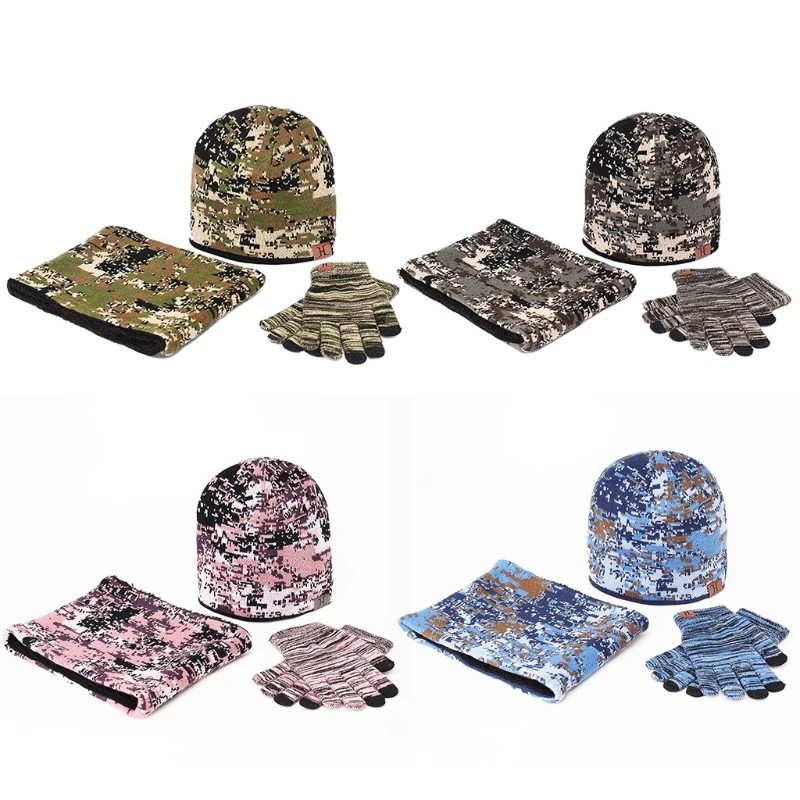 

Men Women Winter 3Pcs Camouflage Knit Beanie Hat Scarf for Touch Screen Gloves Set Thick Plush Lining Skull Neck War