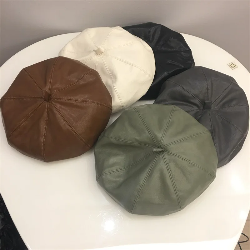 

Pumpkin Hat Autumn Winter Cap PU Leather Octagonal Beret women's Literary Chirp Personality Solid Colour Painter Hats