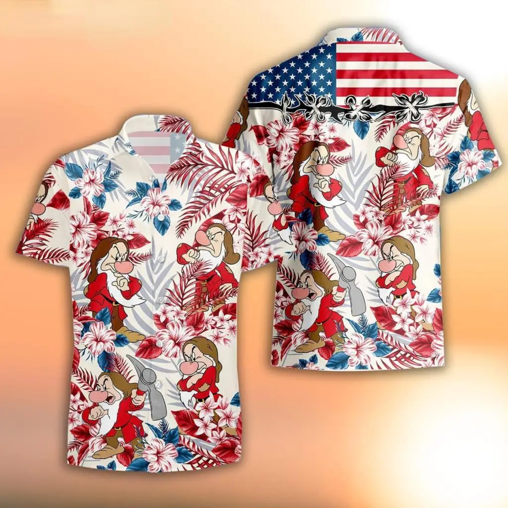 

Новинка 2023, гавайская рубашка Disney, гавайская рубашка Grumpy, рубашка Disney Seven Dwarfs с коротким рукавом, Повседневная рубашка в стиле ретро