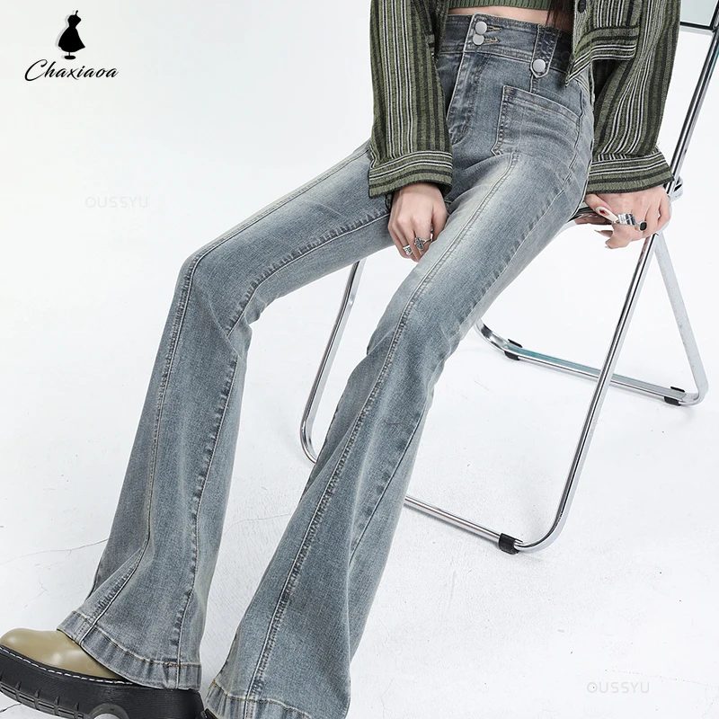 

Женские расклешенные джинсы, винтажные женские узкие эластичные джинсовые брюки с высокой талией, повседневные брюки больших размеров в корейском уличном стиле