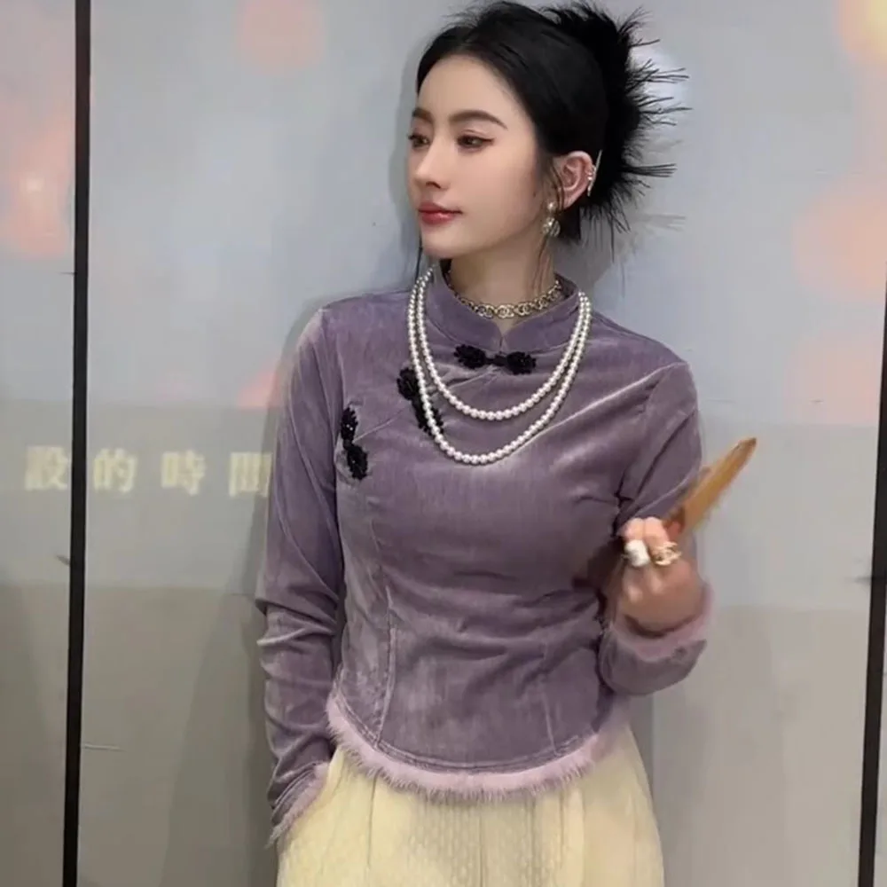 Chinese Style Vintage Button T-shirts For Women Stand Neck Long Sleeve Bottoming Top For Ladies Autumn Winter Elegant Plush Tees
Chinese Style Vintage Button T-shirts For Women Stand Neck Long Sleeve Bottoming Top For Ladies Autumn Winter Elegant Plush Tees
