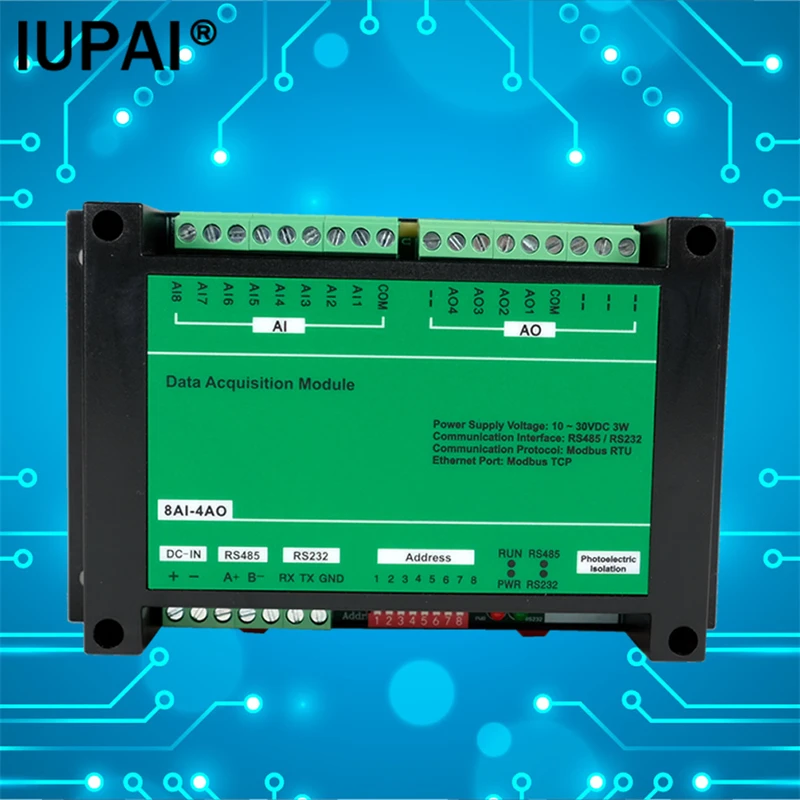 8-канальный аналоговый вход 8AI-4AO, 4-канальный аналоговый выход, модуль Modbus RTU поддерживает расширенную плату PLC, совместимость 4-20 мА, 0-10 в
8-канальный аналоговый вход 8AI-4AO, 4-канальный аналоговый выход, модуль Modbus RTU поддерживает расширенную плату PLC, совместимость 4-20 мА, 0-10 в