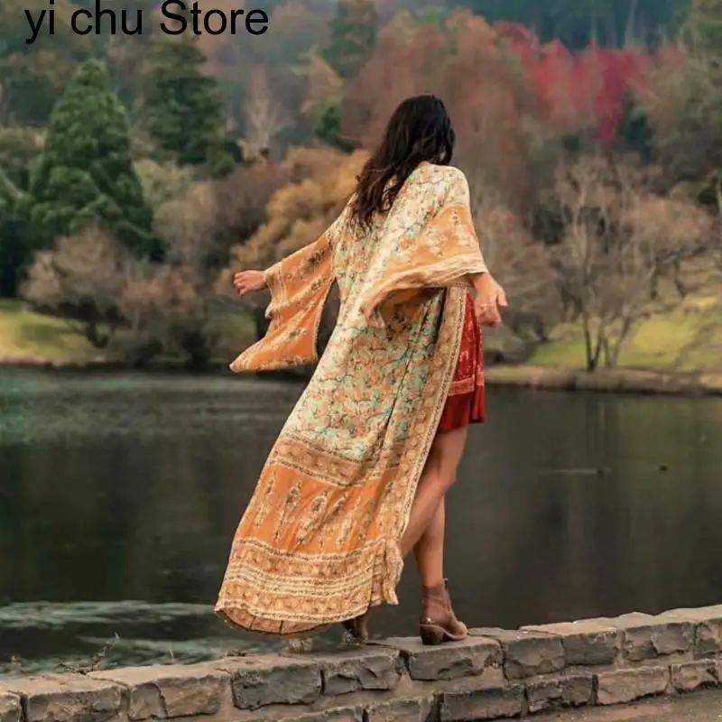 

2023 New Print Floral Cotton Beach Kimono Belt Vintage Bohemian Slim Cover Up Swimwear Long Cardigan Sexy Flare Sleeve Covers