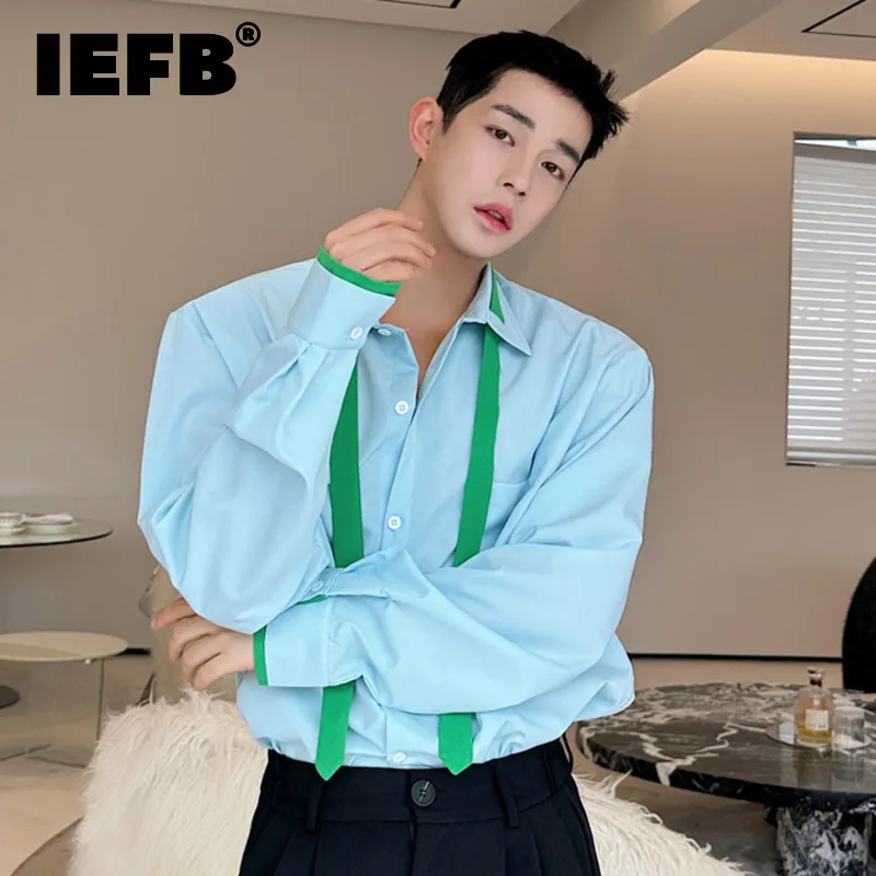 

IEFB Men's Casual Shirt Lapel Long Sleeve Male Contrast Color Necktie Design Men Shirt Korean Style Loose Male Top Tide 9C5104