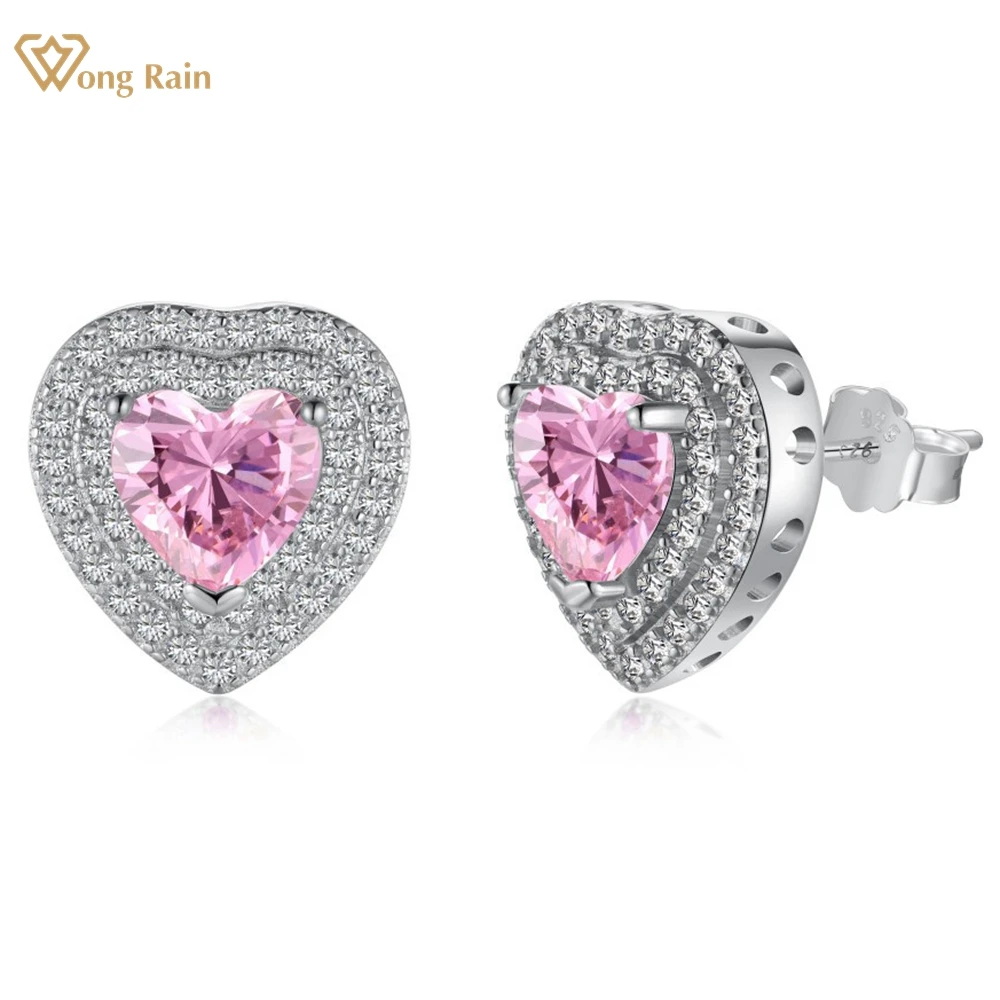 

Wong Rain Romantic 925 Sterling Silver 6*6MM Heart Cut Lab Pink Sapphire Gems Stud Earrings for Women Fine Jewelry Free Shipping