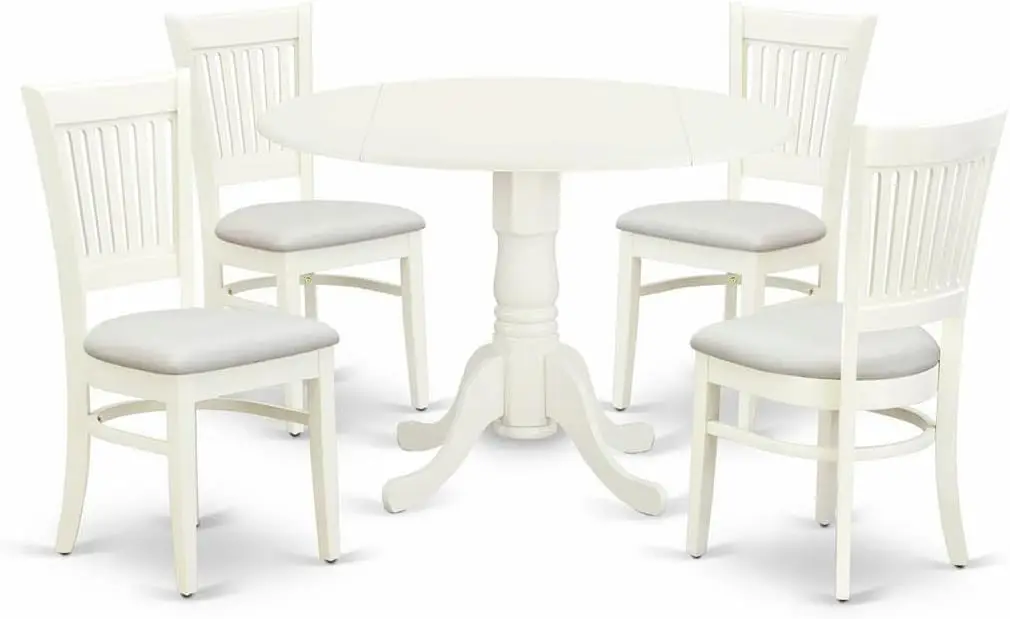 5 Piece Set for 4 Includes a Round Table with Dropleaf and 4 Fabric Kitchen Dining Chairs, 42x42 Inch, Linen White
5 Piece Set for 4 Includes a Round Table with Dropleaf and 4 Fabric Kitchen Dining Chairs, 42x42 Inch, Linen White