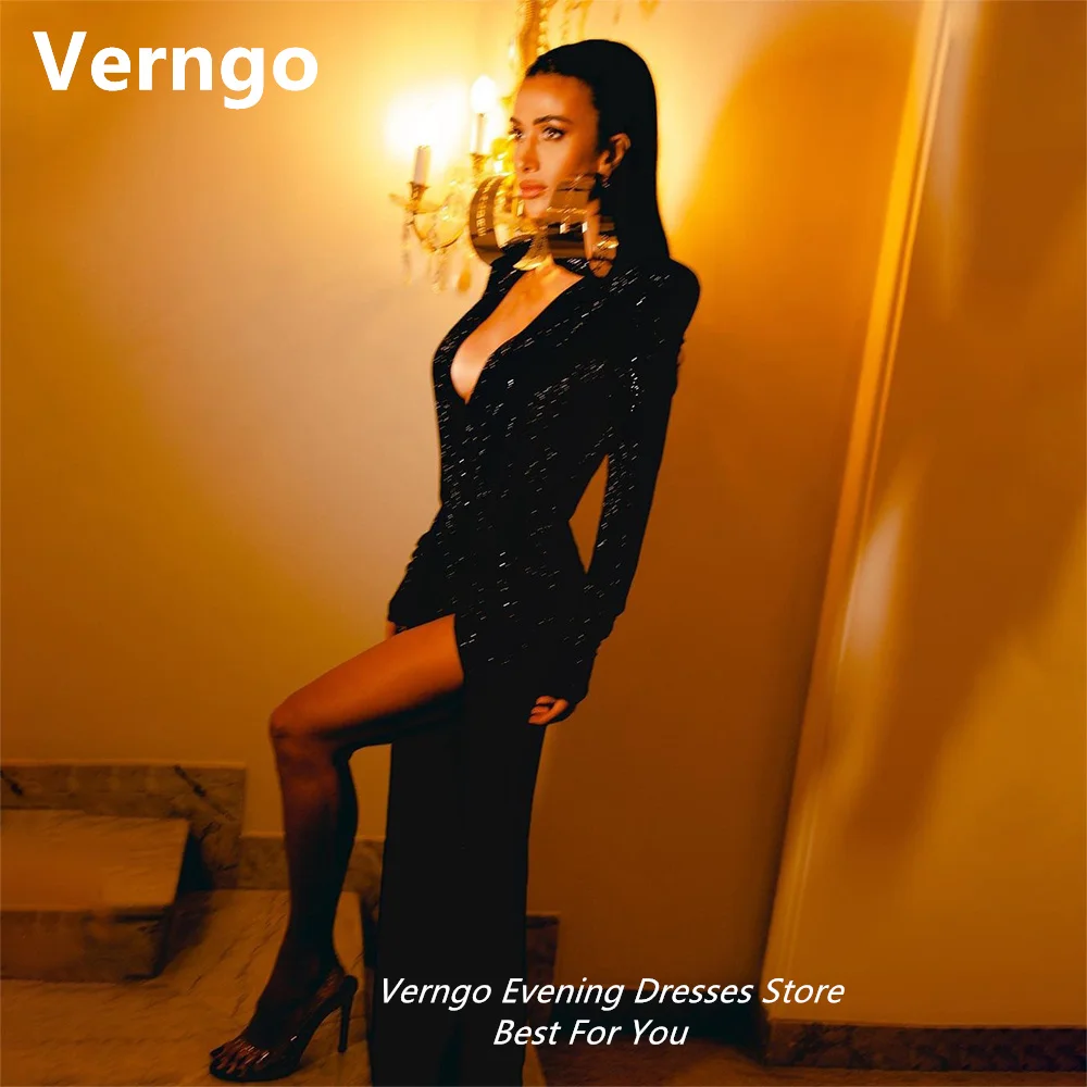 

Черные блестящие платья Verngo для выпускного вечера, вечерние платья с глубоким V-образным вырезом для женщин, французское привлекательное официальное платье с Боковым Разрезом