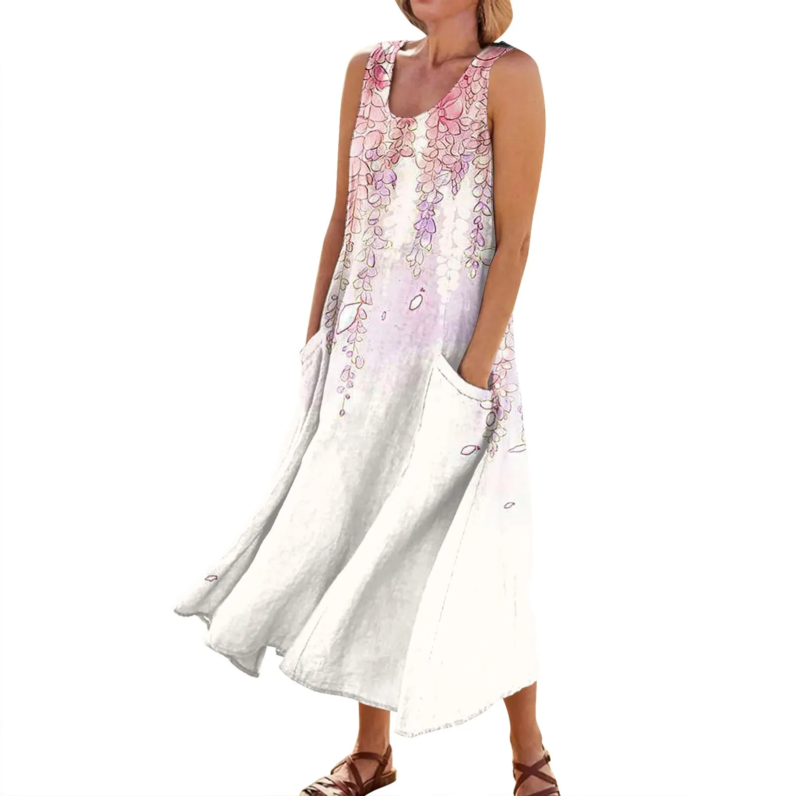 

Casual Dresses Woman Unique Casual Print Mid-Calf Summer Dress Women 2024 Round Neck Sleeveless Frocks Robe De Soiree Femmes