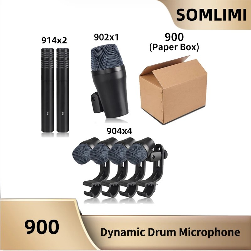 

7 шт. Проводной динамический барабанный микрофон SOM 900 (цельнометаллический) E902 Kick Bass,E914 конденсаторные тарелки Mic,E904 Tom/Snare Set-Use