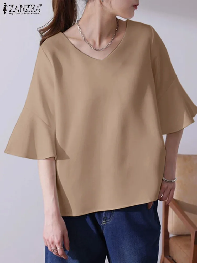 ZANZEA Summer Casual Solid Color Tunic Tops Woman Flare Sleeve V-Neck Blouse Stylish Ruffles Shirt Elegant Holiday Chemise 2023
ZANZEA Summer Casual Solid Color Tunic Tops Woman Flare Sleeve V-Neck Blouse Stylish Ruffles Shirt Elegant Holiday Chemise 2023