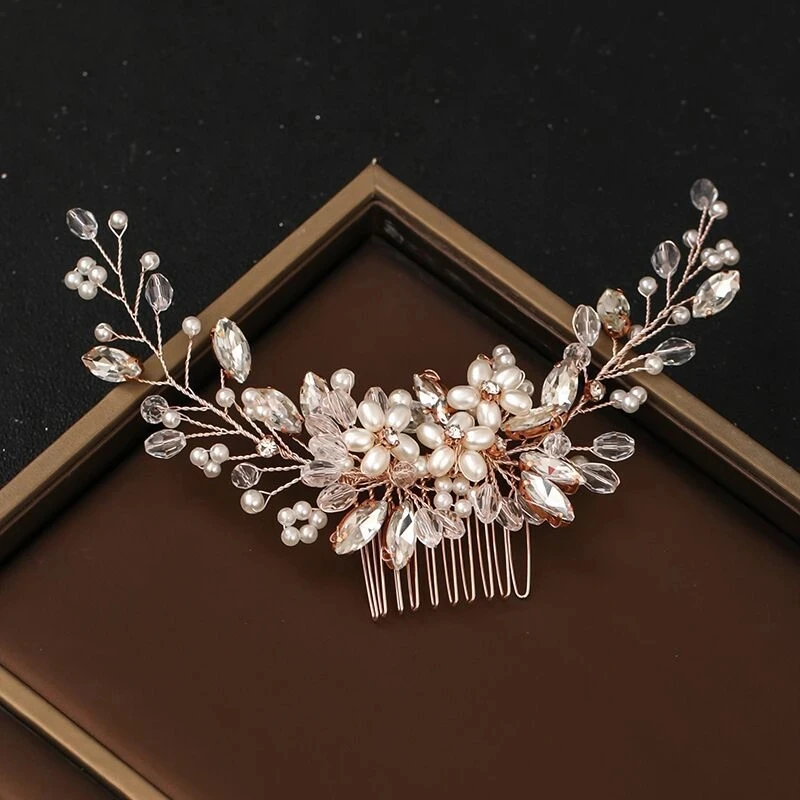

Pearl Bridal Hair Comb Luxurious Wedding Hair Accessories Rhinestones Hairpin Clip Girls Prom Headpiece Beauty Rose Golden Tiara