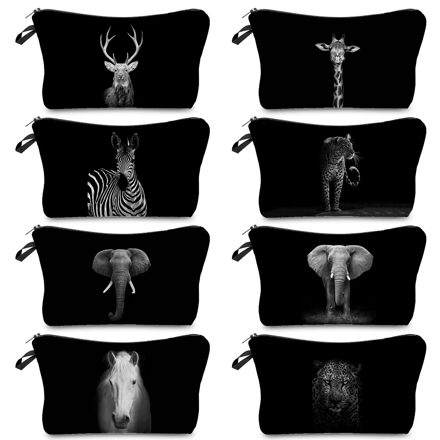 

Cosmetic Bags Kawaii Elephant Lion Zebra Horse Toiletry Bags Women's Heat Transfer Black Portable Makeup Bag Cute Animal Print