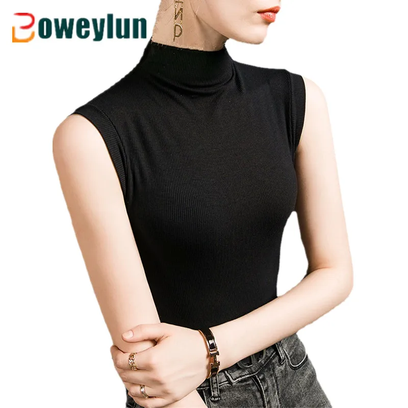 

Boweylun Half High Neck Sleeveless T-shirt Bottom Shirt Women Stretchy Inner Slim Work Solid Color Tank Top Female