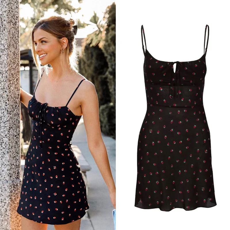 

Transformation Dress French Instagram Hot Blogger Same Black Strawberry Print Drawstring Short Sling