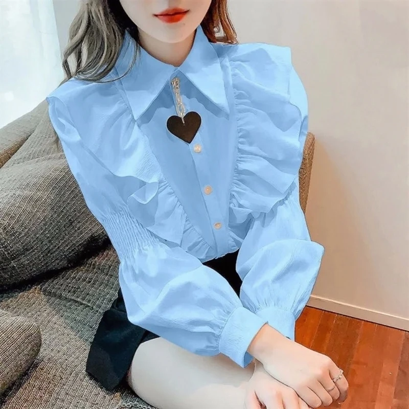 Women Clothing Solid Chic Chain Love Decoration Blouse Spring Autumn Ruffles Korean Fashion Shirts Office Lady Elegant Folds Top
Women Clothing Solid Chic Chain Love Decoration Blouse Spring Autumn Ruffles Korean Fashion Shirts Office Lady Elegant Folds Top
