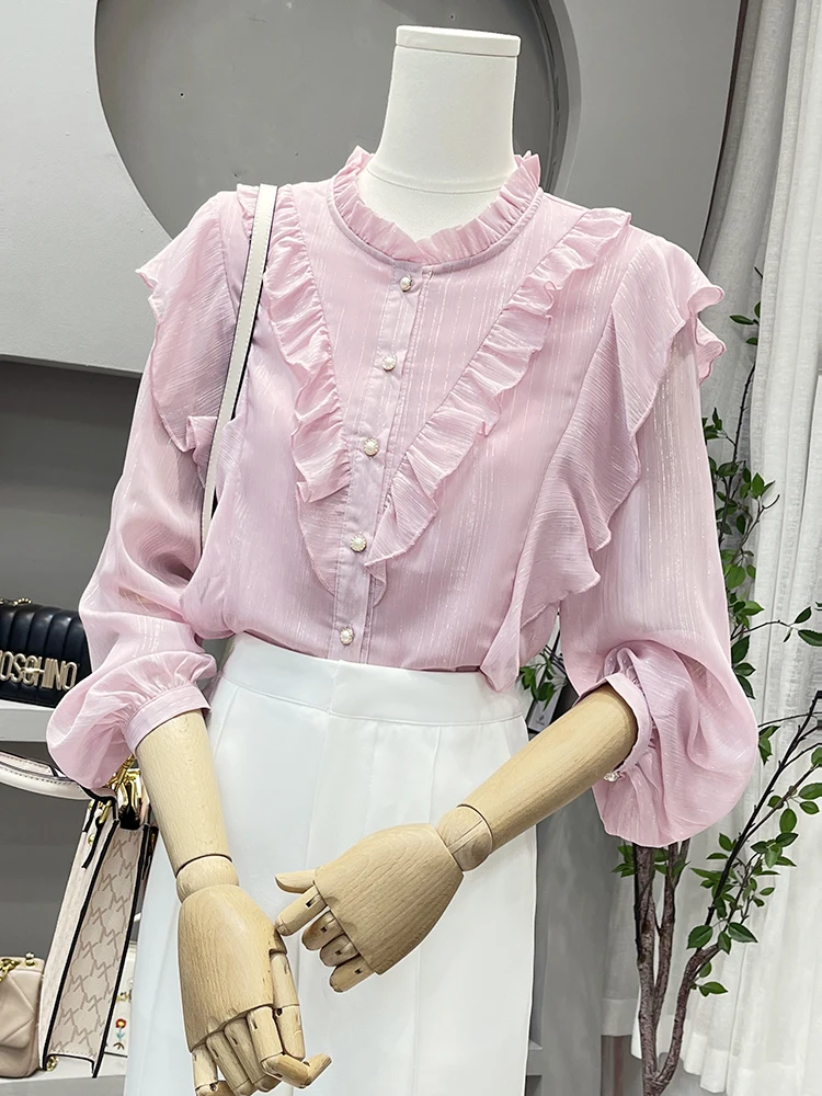 Woman Spring Ruffled Pink Shirt 2024 New French Style Woman Ruffled Chiffon Shirts Cute Stand Collar Long Sleeve Tops for Women
Woman Spring Ruffled Pink Shirt 2024 New French Style Woman Ruffled Chiffon Shirts Cute Stand Collar Long Sleeve Tops for Women