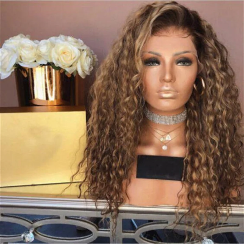 

Long 26lnch 180Density Soft Glueless Ombre Brown Kinky Curly Lace Front Wig For Women With Baby Hair Synthetic Preplucked Daily