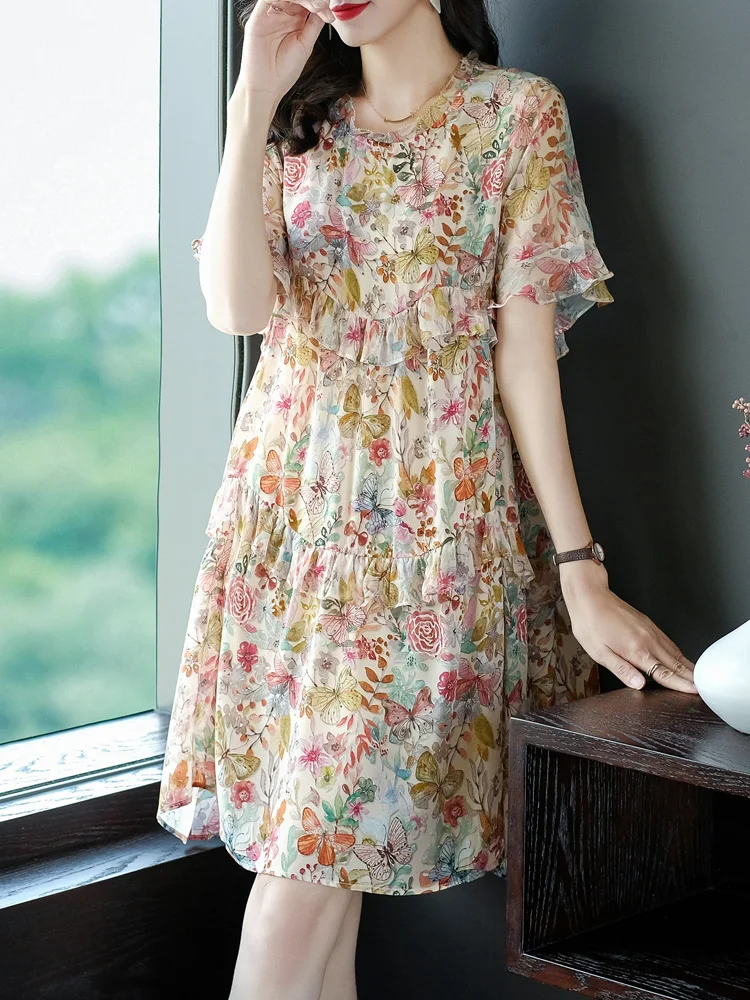 100% Mulberry Silk Dress Summer Dress Women New Short Sleeve Floral Dresses 2022 Elegant Dresses for Women Clothing Vestido Zm 
100% Mulberry Silk Dress Summer Dress Women New Short Sleeve Floral Dresses 2022 Elegant Dresses for Women Clothing Vestido Zm